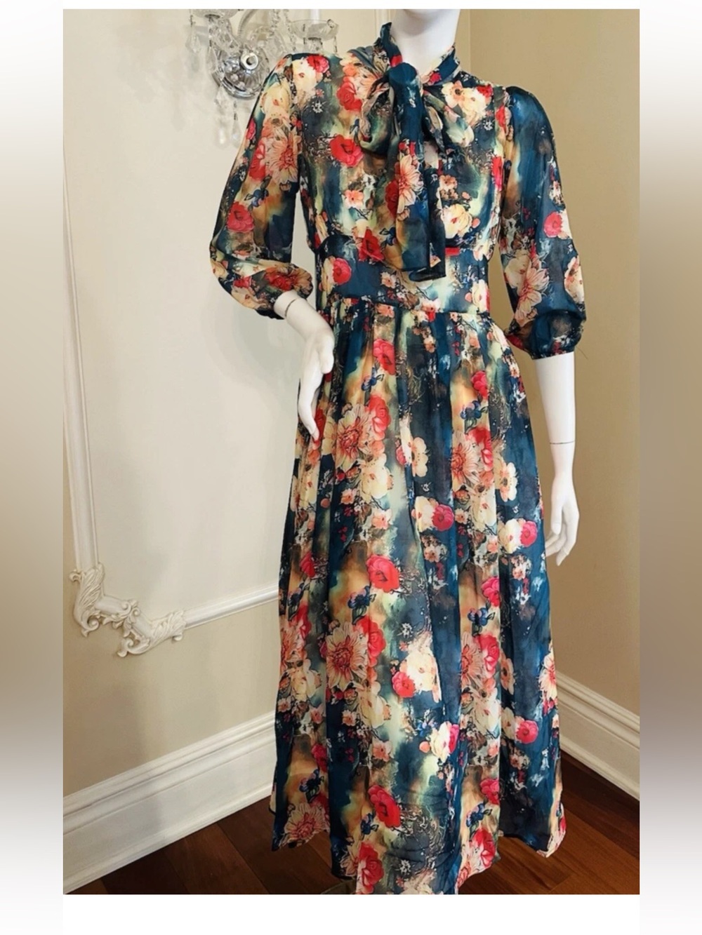 Dalia Macphee Floral Chiffon Maxi Dress Size S